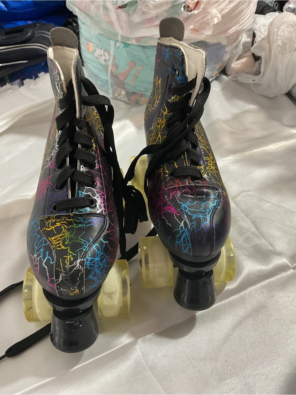 Women Black Combat-Style Roller Boots with Multicolor Lightning Accents